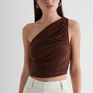 Express Fitted One Shoulder Ruched Tank in rich mocha